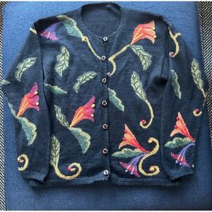 Peruvian Imports Baby Alpaca Black Leaf Flower Cardigan Sweater S
